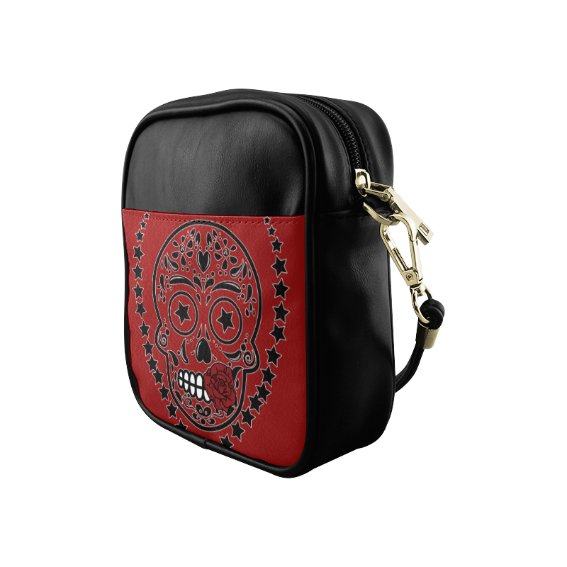 Sugar Skull Red Rose Black Sling Bag (Model 1627)