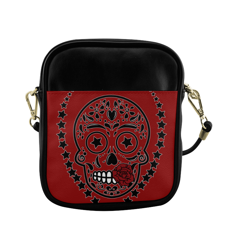 Sugar Skull Red Rose Black Sling Bag (Model 1627)