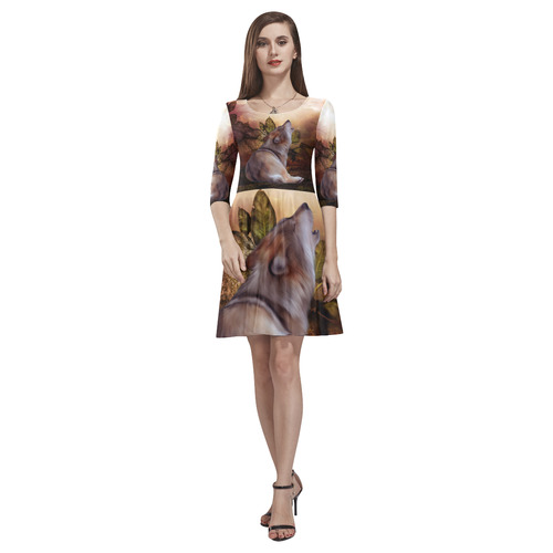 Beautiful wolf in the night Tethys Half-Sleeve Skater Dress(Model D20)