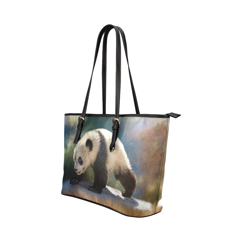 A cute painted panda bear baby. Leather Tote Bag/Large (Model 1651)