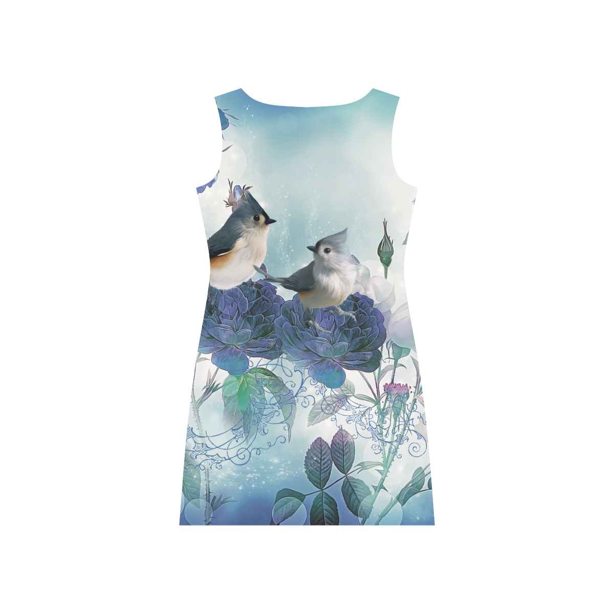 Cute birds with blue flowers Rhea Loose Round Neck Dress(Model D22)