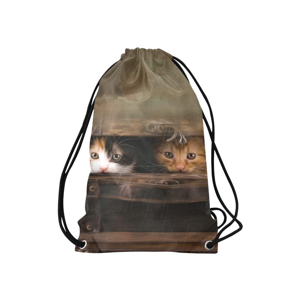Little cute kitten in an old wooden case Small Drawstring Bag Model 1604 (Twin Sides) 11"(W) * 17.7"(H)