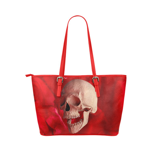 Funny Skull and Red Rose Leather Tote Bag/Large (Model 1651)