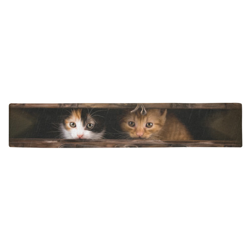 Little cute kitten in an old wooden case Table Runner 14x72 inch