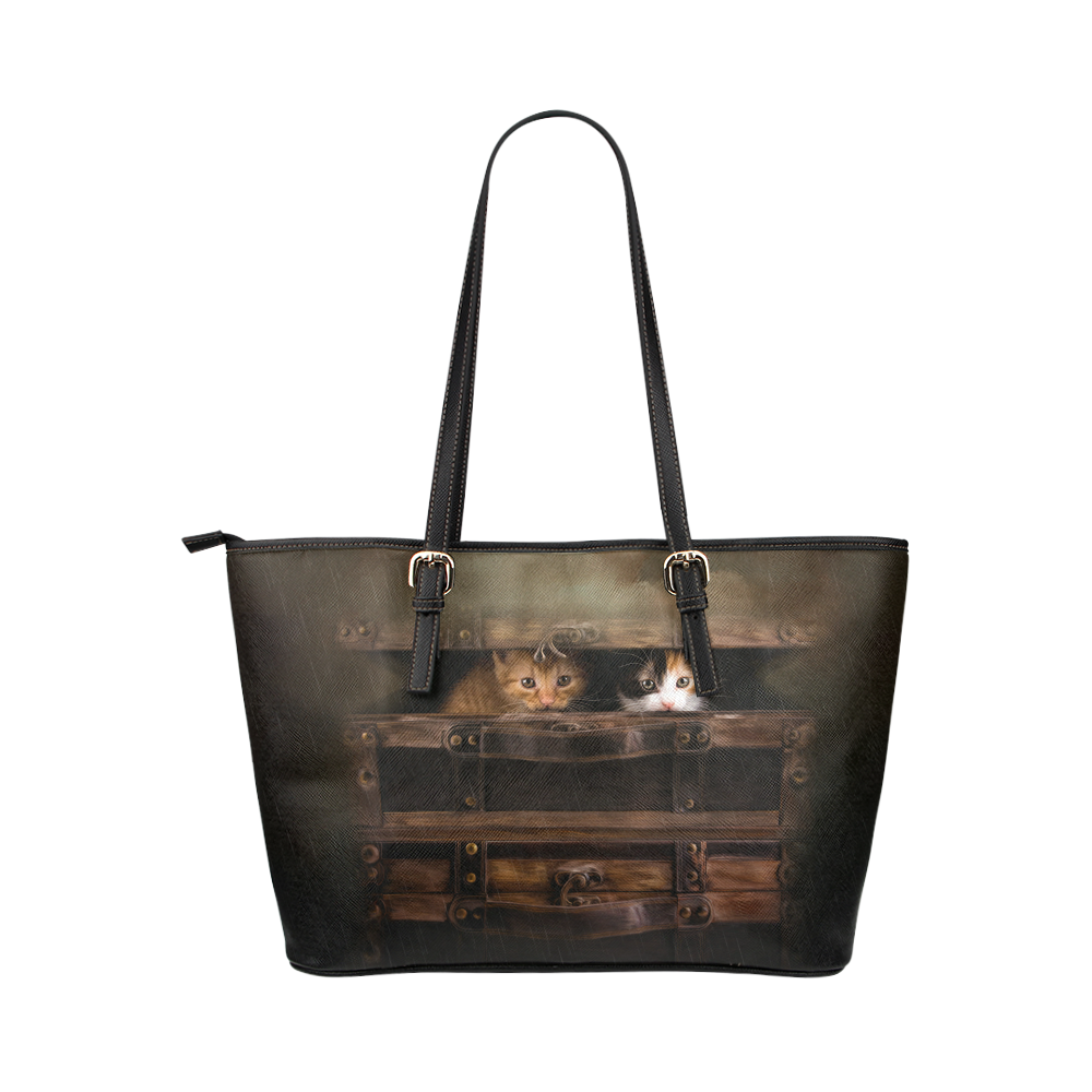 Little cute kitten in an old wooden case Leather Tote Bag/Large (Model 1651)