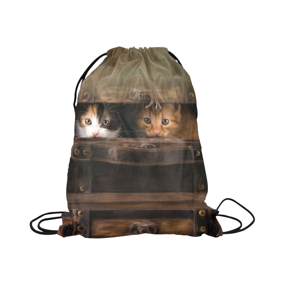Little cute kitten in an old wooden case Large Drawstring Bag Model 1604 (Twin Sides)  16.5"(W) * 19.3"(H)