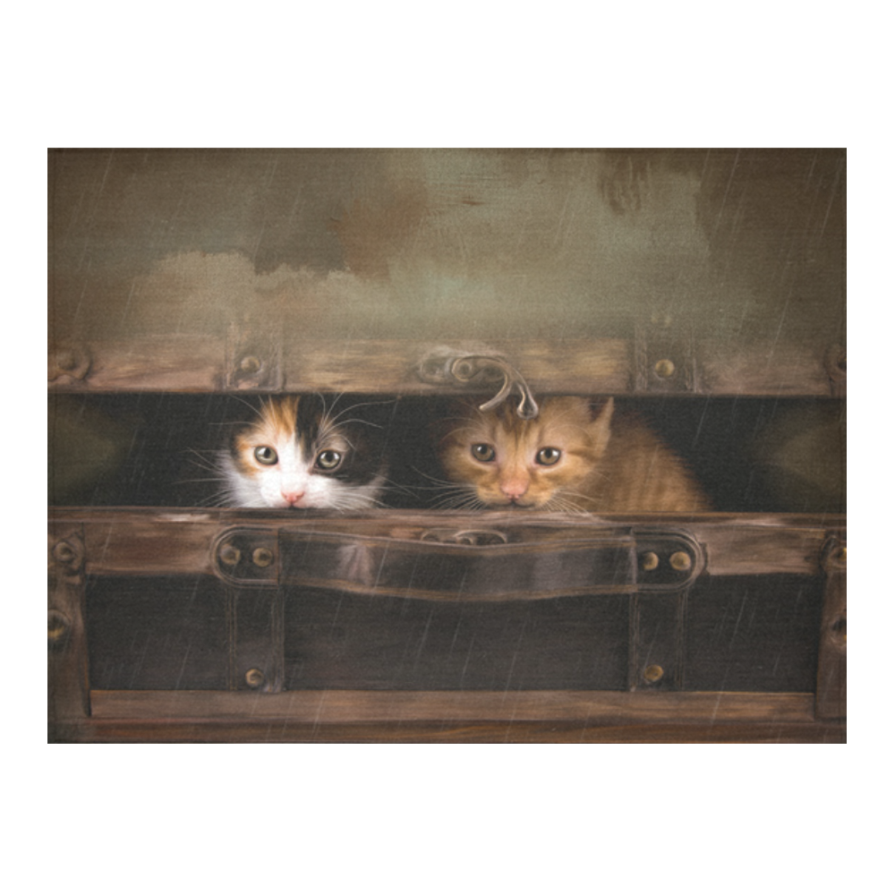 Little cute kitten in an old wooden case Cotton Linen Tablecloth 52"x 70"