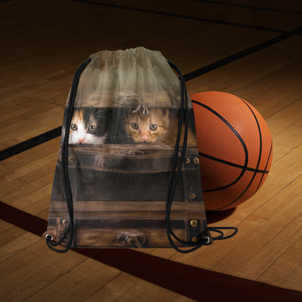 Little cute kitten in an old wooden case Large Drawstring Bag Model 1604 (Twin Sides)  16.5"(W) * 19.3"(H)