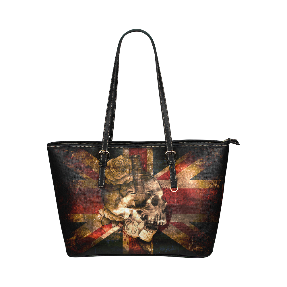 Grunge Skull and British Flag Leather Tote Bag/Large (Model 1651)