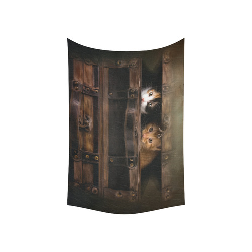 Little cute kitten in an old wooden case Cotton Linen Wall Tapestry 60"x 40"