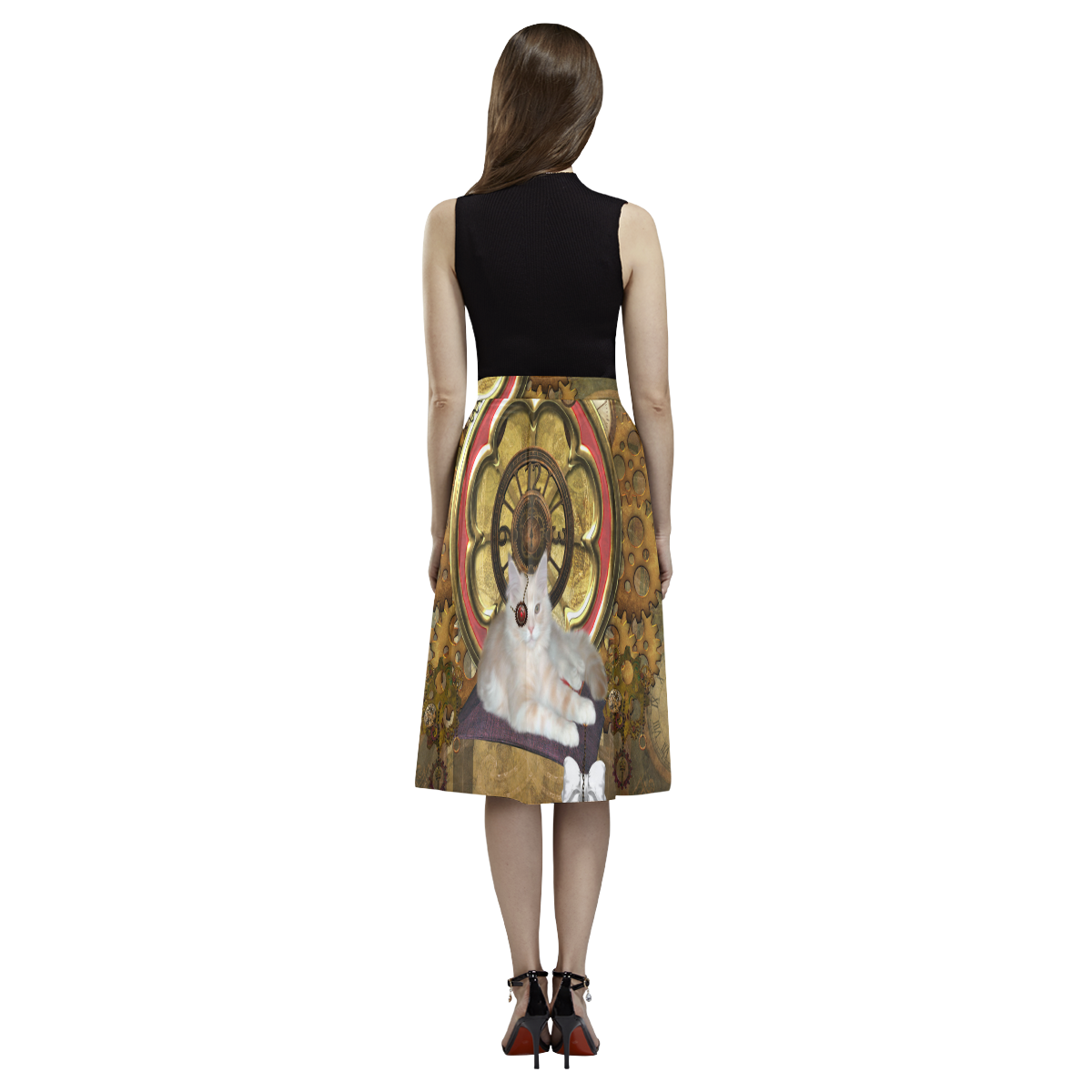 Steampunk, awseome cat clacks and gears Aoede Crepe Skirt (Model D16)