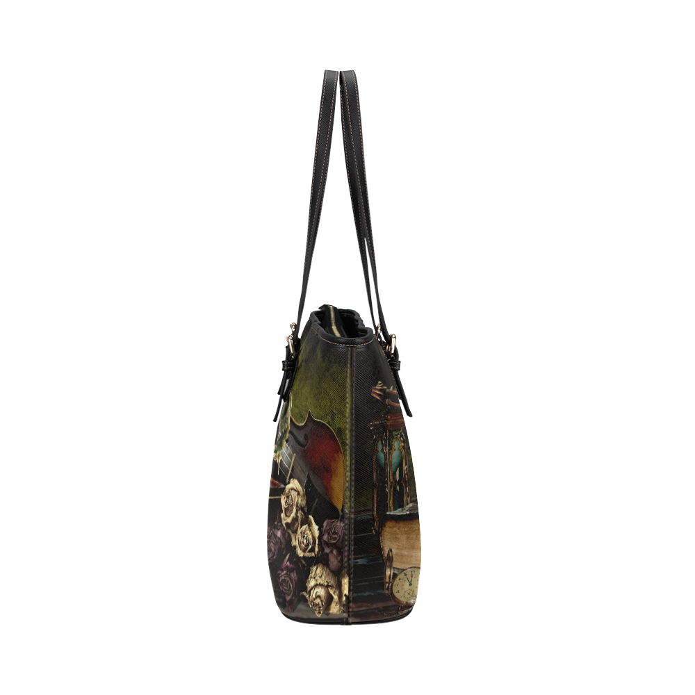 Funny Skull and Book Leather Tote Bag/Large (Model 1651)