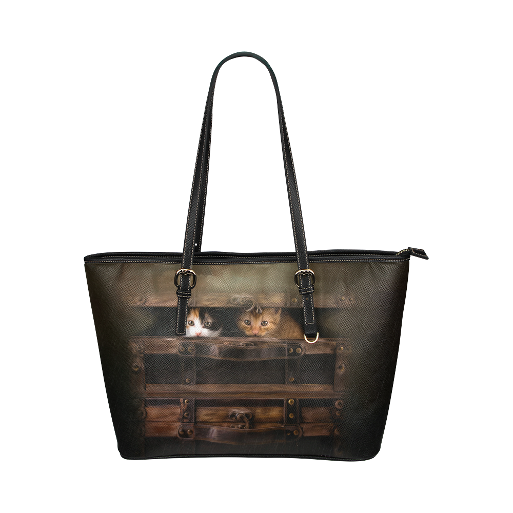 Little cute kitten in an old wooden case Leather Tote Bag/Large (Model 1651)