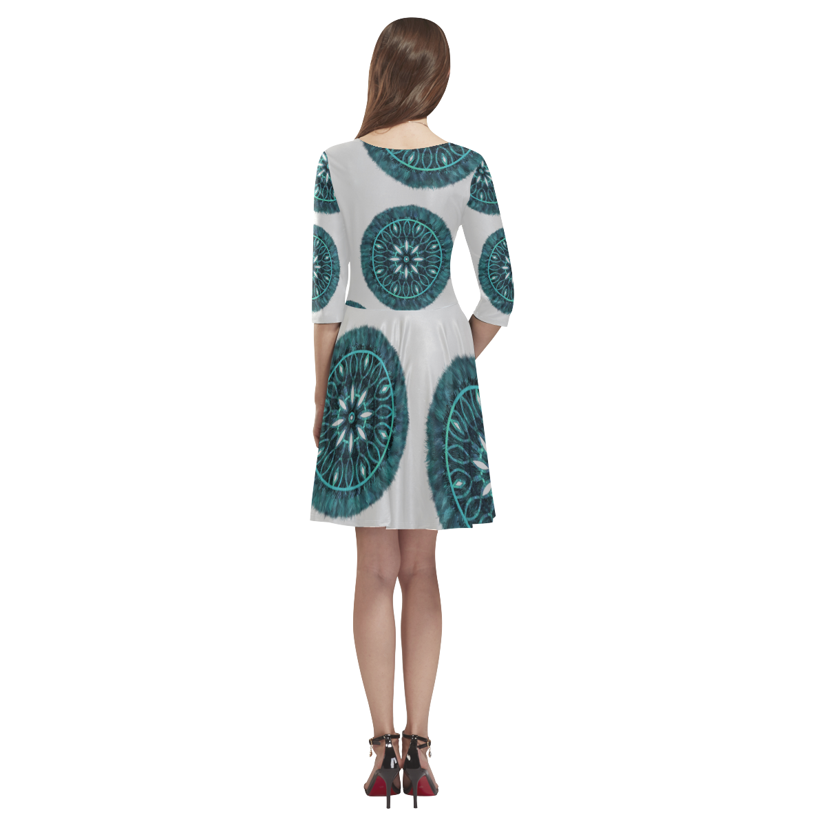 Faux Stitch, Turquoise Flower Fur Tethys Half-Sleeve Skater Dress(Model D20)