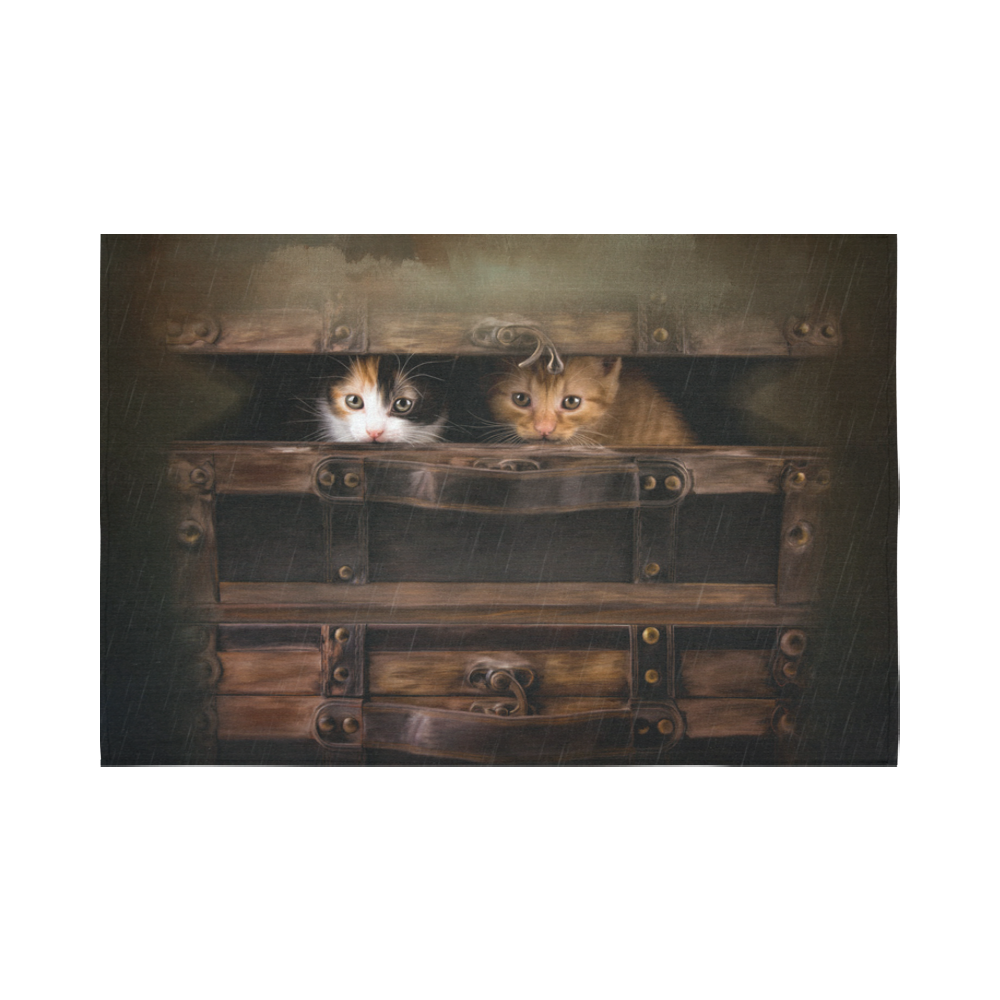 Little cute kitten in an old wooden case Cotton Linen Wall Tapestry 90"x 60"