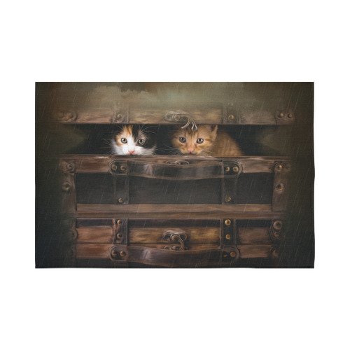 Little cute kitten in an old wooden case Cotton Linen Wall Tapestry 90"x 60"