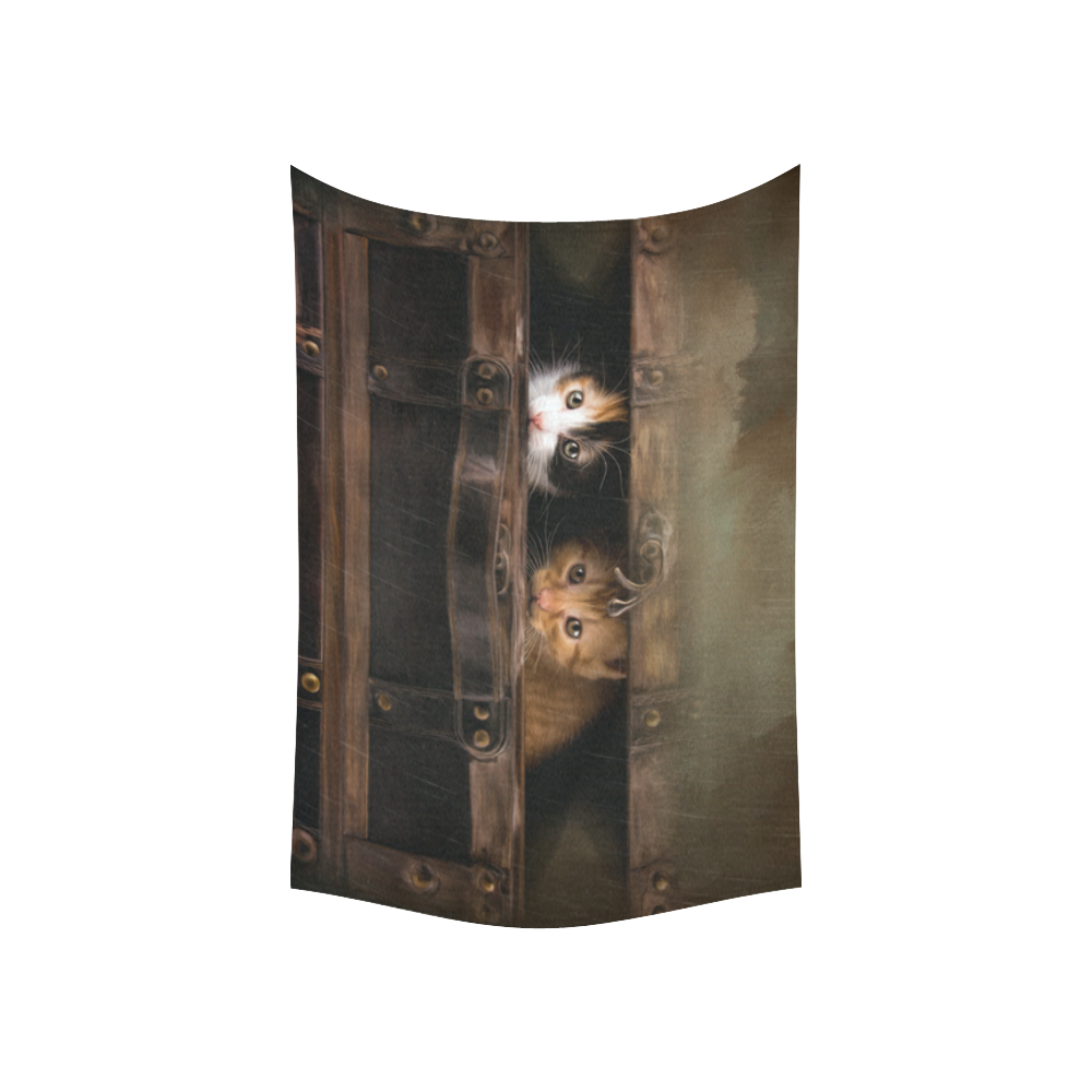 Little cute kitten in an old wooden case Cotton Linen Wall Tapestry 60"x 40"