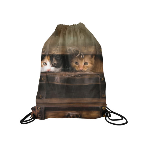 Little cute kitten in an old wooden case Medium Drawstring Bag Model 1604 (Twin Sides) 13.8"(W) * 18.1"(H)