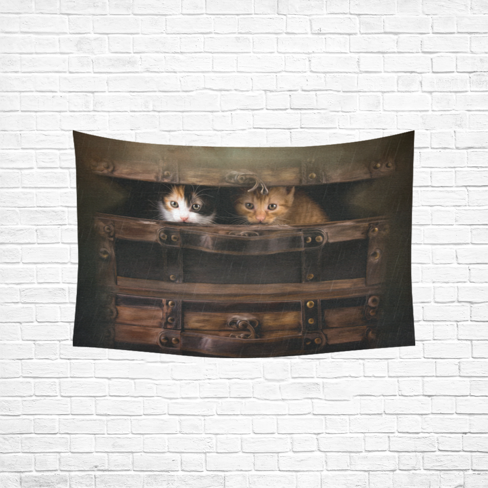 Little cute kitten in an old wooden case Cotton Linen Wall Tapestry 60"x 40"