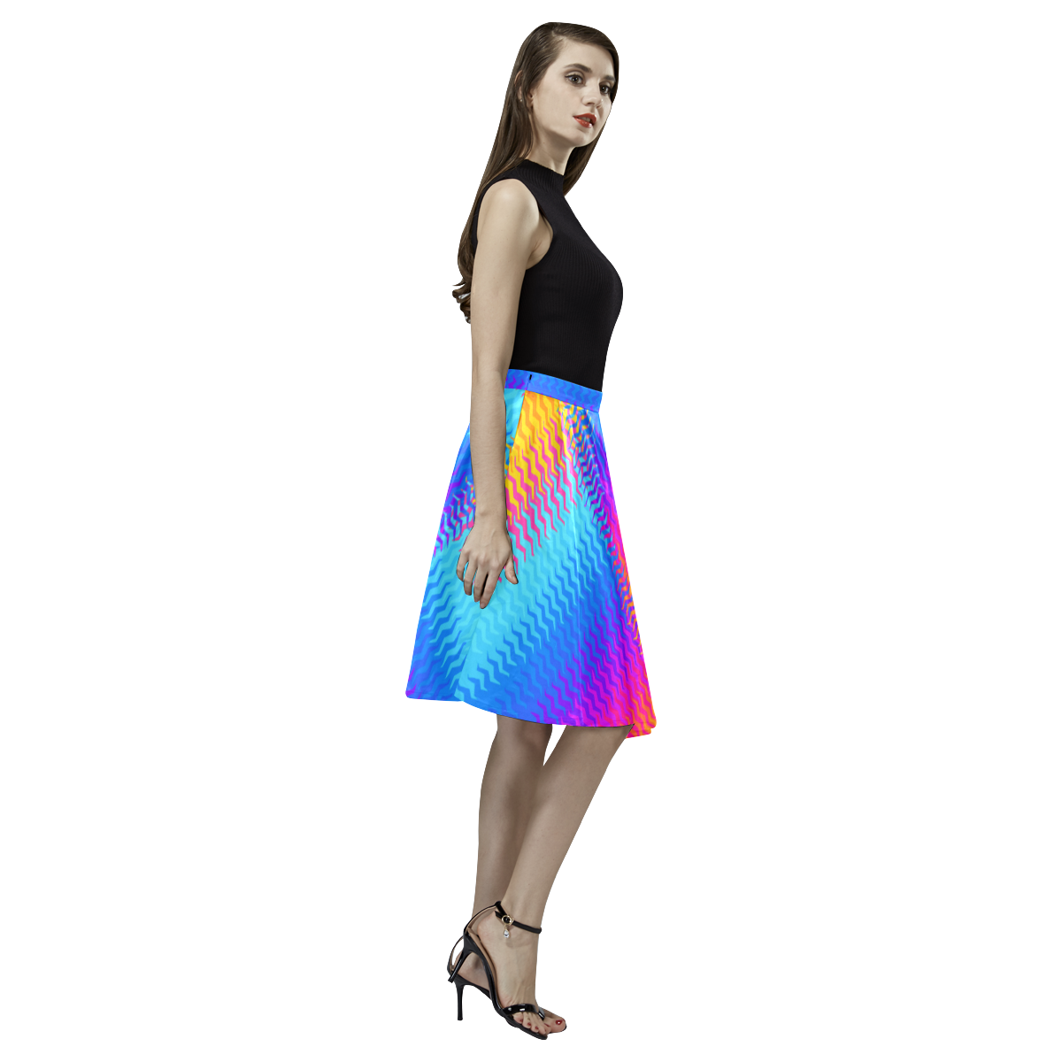 Psychedelic Rainbow Heat Waves Melete Pleated Midi Skirt (Model D15)