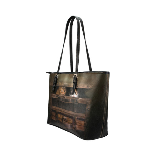 Little cute kitten in an old wooden case Leather Tote Bag/Large (Model 1651)