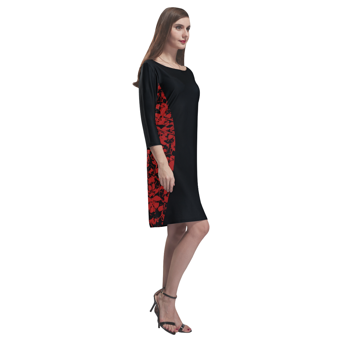 Red Skulls Cut Out Goth Print Rhea Loose Round Neck Dress(Model D22)