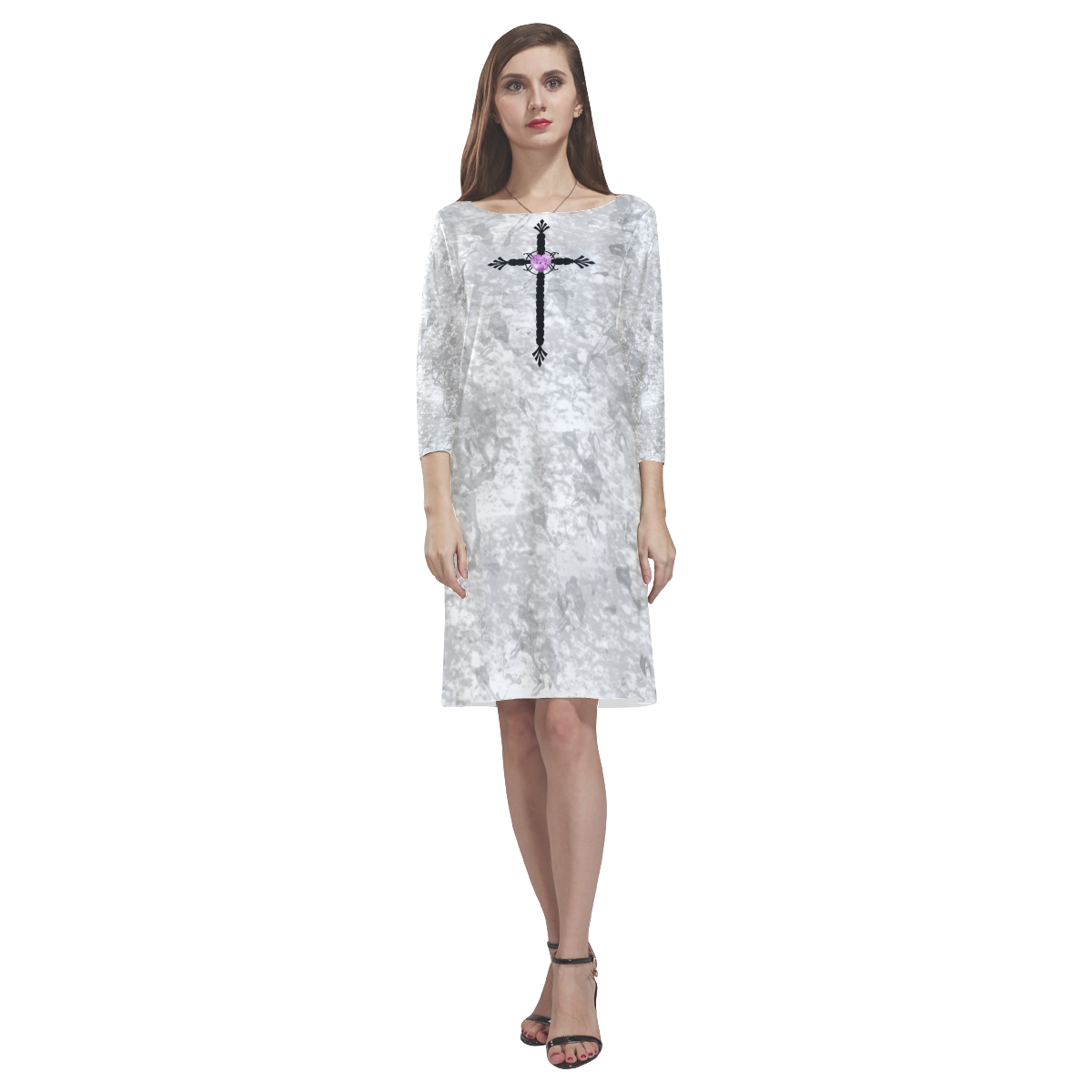 Jeweled Cross Pastel Goth Art Rhea Loose Round Neck Dress(Model D22)