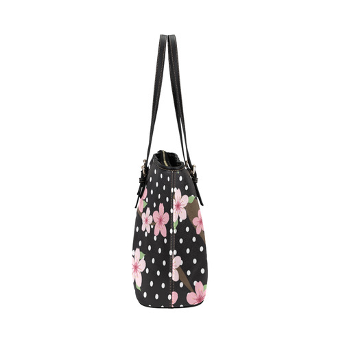 Black and White Polka Dots, Pink Cherry Blossom Flowers, Floral Pattern Leather Tote Bag/Small (Model 1651)