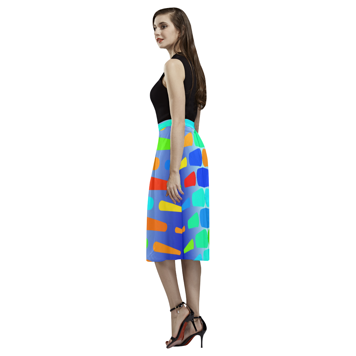 Colorful shapes on a blue background Aoede Crepe Skirt (Model D16)