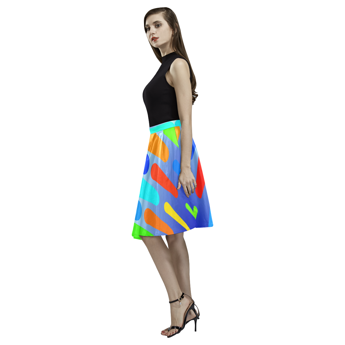Colorful shapes on a blue background Melete Pleated Midi Skirt (Model D15)