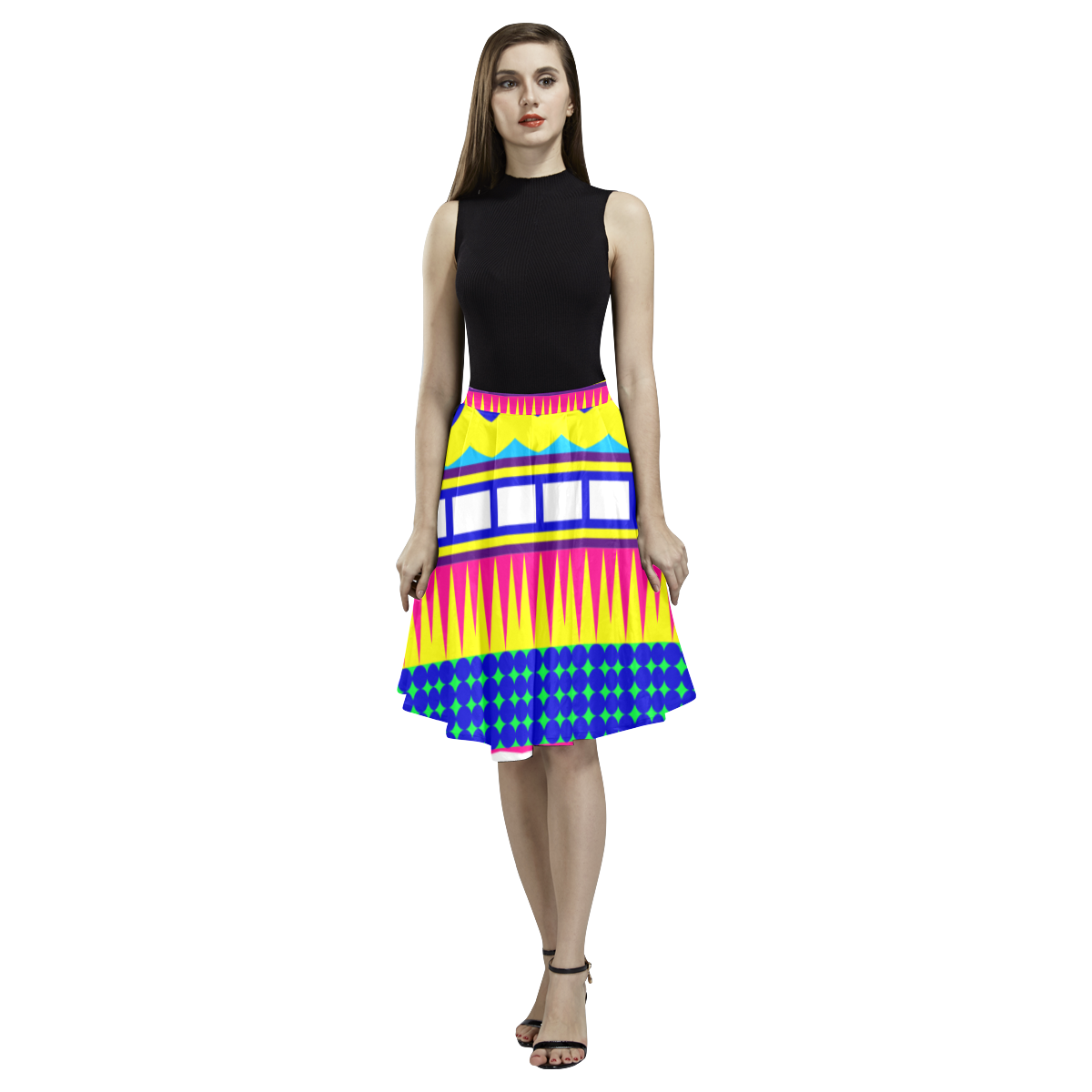Rectangles waves and circles Melete Pleated Midi Skirt (Model D15)