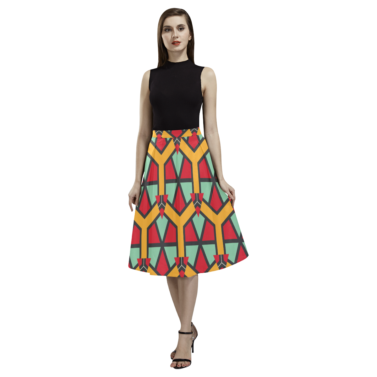 Honeycombs triangles and other shapes pattern Aoede Crepe Skirt (Model D16)