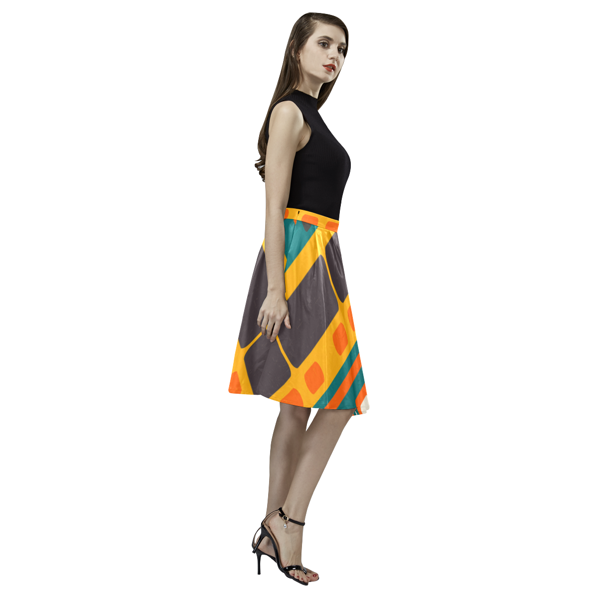 Rectangles in retro colors texture Melete Pleated Midi Skirt (Model D15)