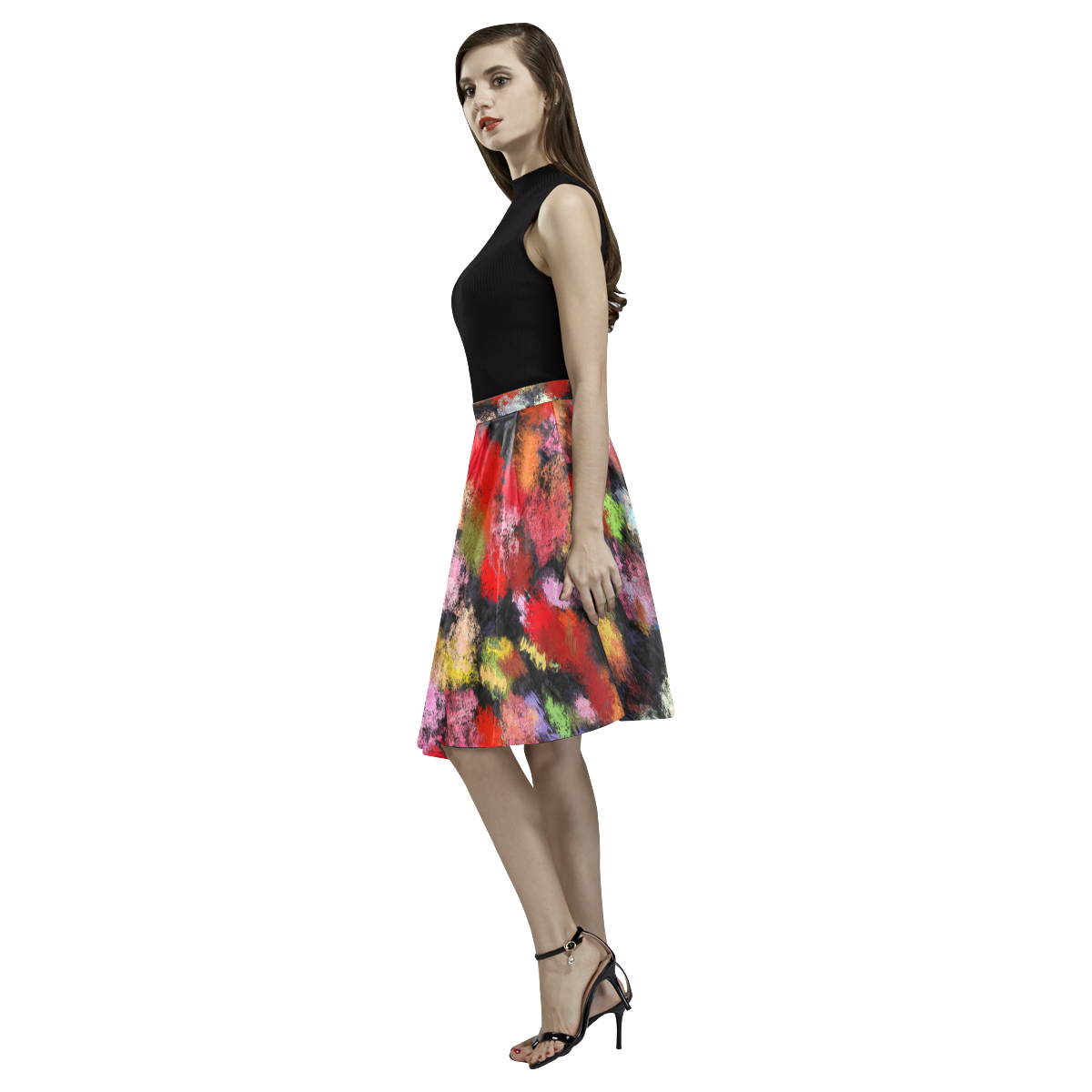 Colorful paint strokes Melete Pleated Midi Skirt (Model D15)