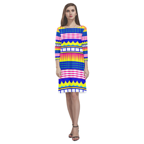 Rectangles waves and circles Rhea Loose Round Neck Dress(Model D22)