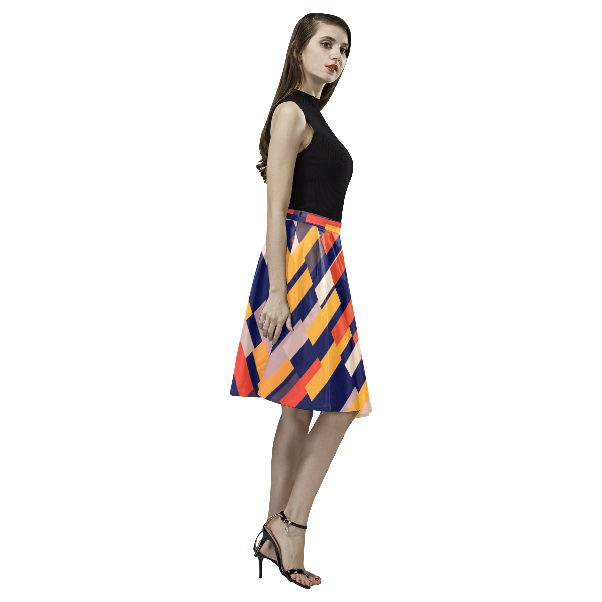 Rectangles in retro colors Melete Pleated Midi Skirt (Model D15)