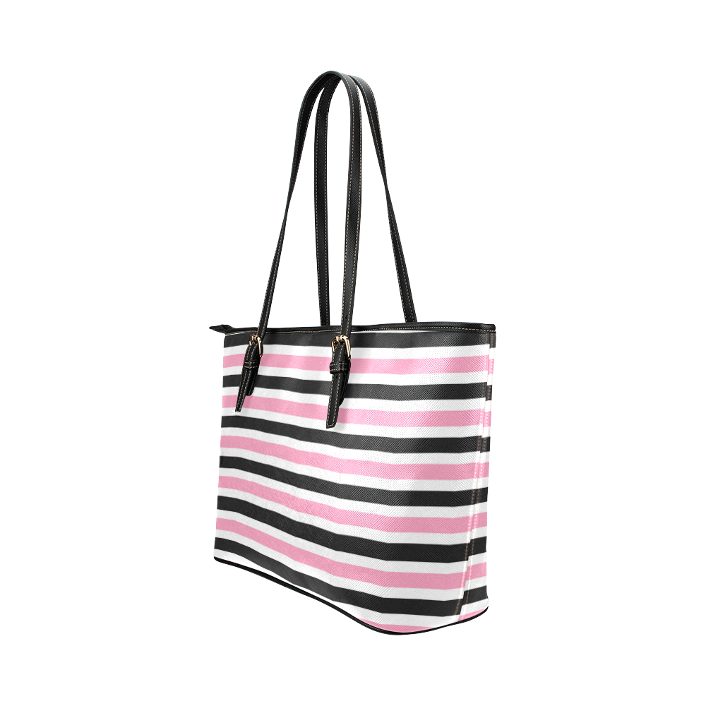 Pink Black Stripes Leather Tote Bag/Small (Model 1651)
