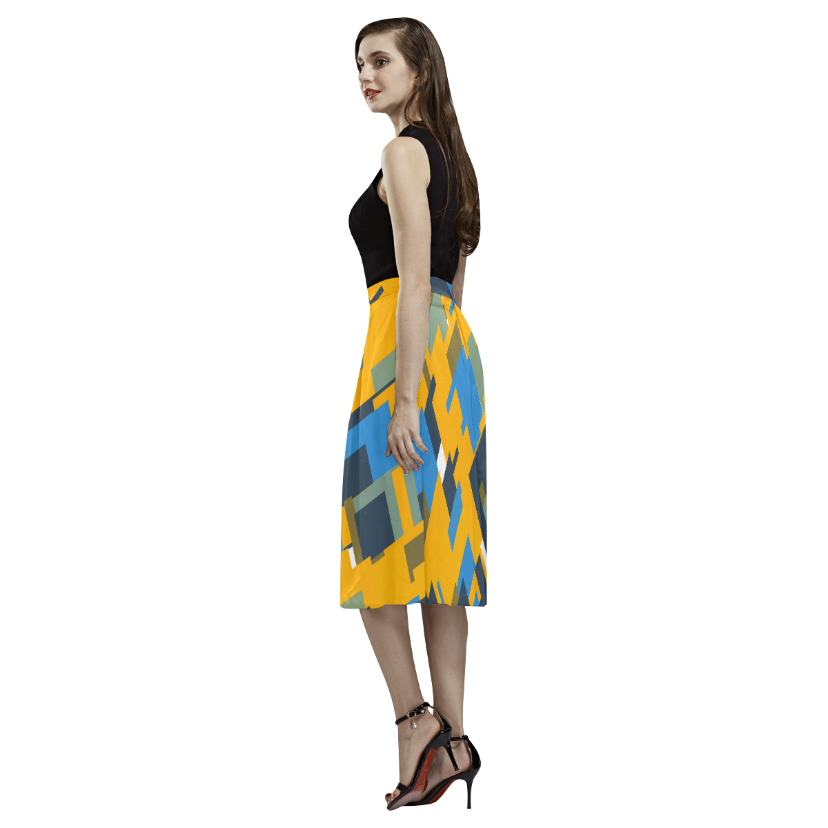 Blue yellow shapes Aoede Crepe Skirt (Model D16)