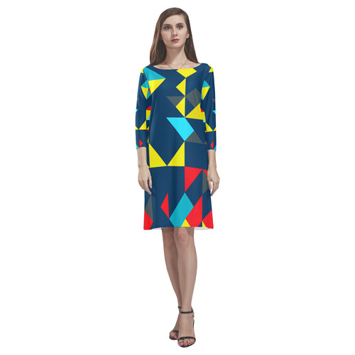 Shapes on a blue background Rhea Loose Round Neck Dress(Model D22)