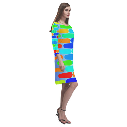 Colorful shapes on a blue background Rhea Loose Round Neck Dress(Model D22)