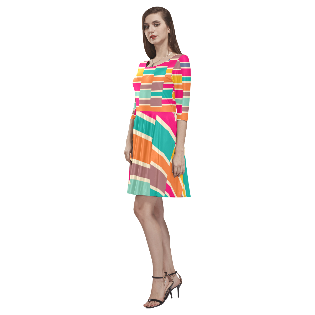 Connected colorful rectangles Tethys Half-Sleeve Skater Dress(Model D20)