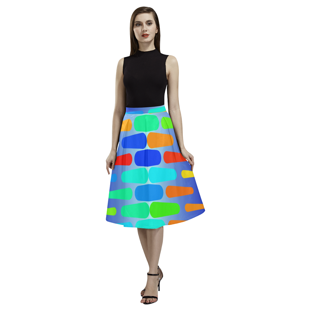 Colorful shapes on a blue background Aoede Crepe Skirt (Model D16)