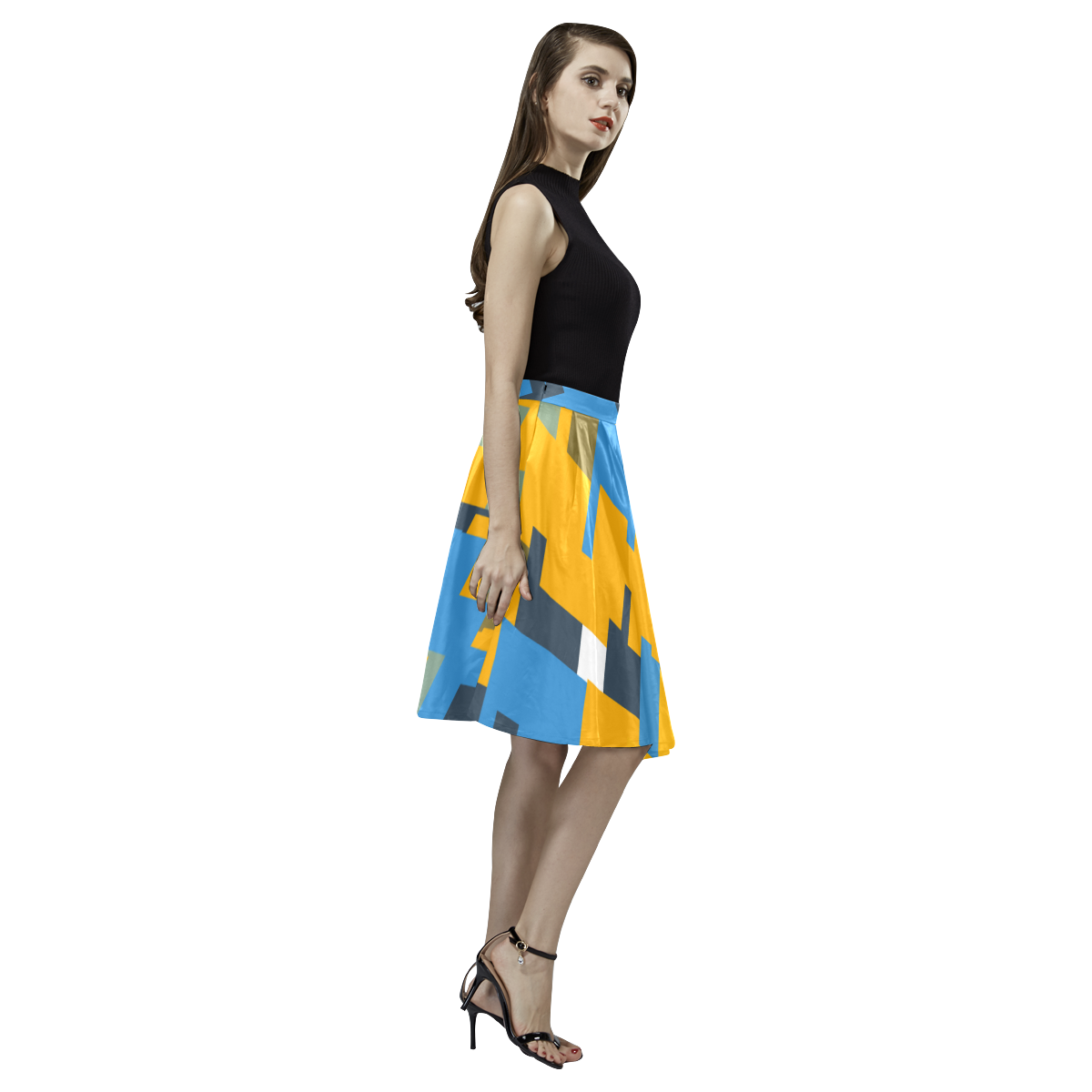 Blue yellow shapes Melete Pleated Midi Skirt (Model D15)