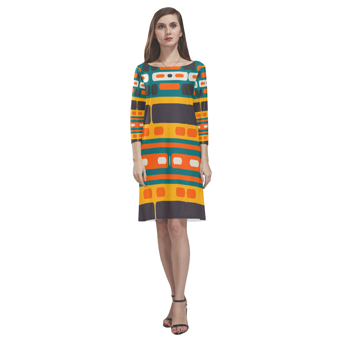 Rectangles in retro colors texture Rhea Loose Round Neck Dress(Model D22)