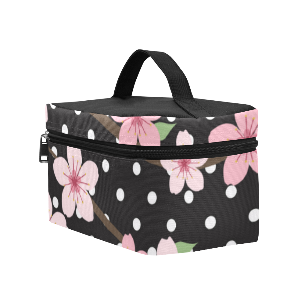 Black and White Polka Dots, Pink Cherry Blossom Flowers, Floral Pattern Cosmetic Bag/Large (Model 1658)