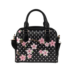 Black and White Polka Dots, Pink Cherry Blossom Flowers, Floral Pattern Shoulder Handbag (Model 1634)
