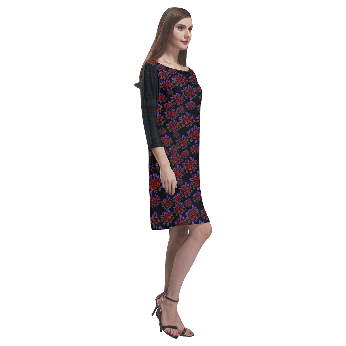 Red and Purple Roses Floral Print Rhea Loose Round Neck Dress(Model D22)