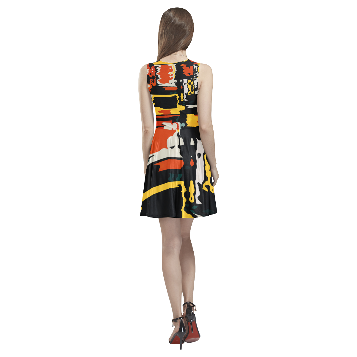 Distorted shapes in retro colors Thea Sleeveless Skater Dress(Model D19)