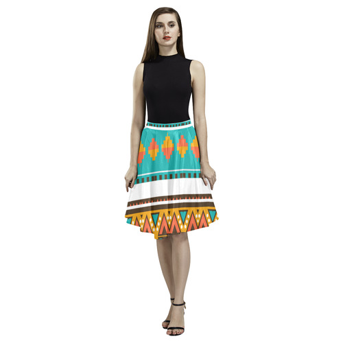 Tribal design in retro colors Melete Pleated Midi Skirt (Model D15)