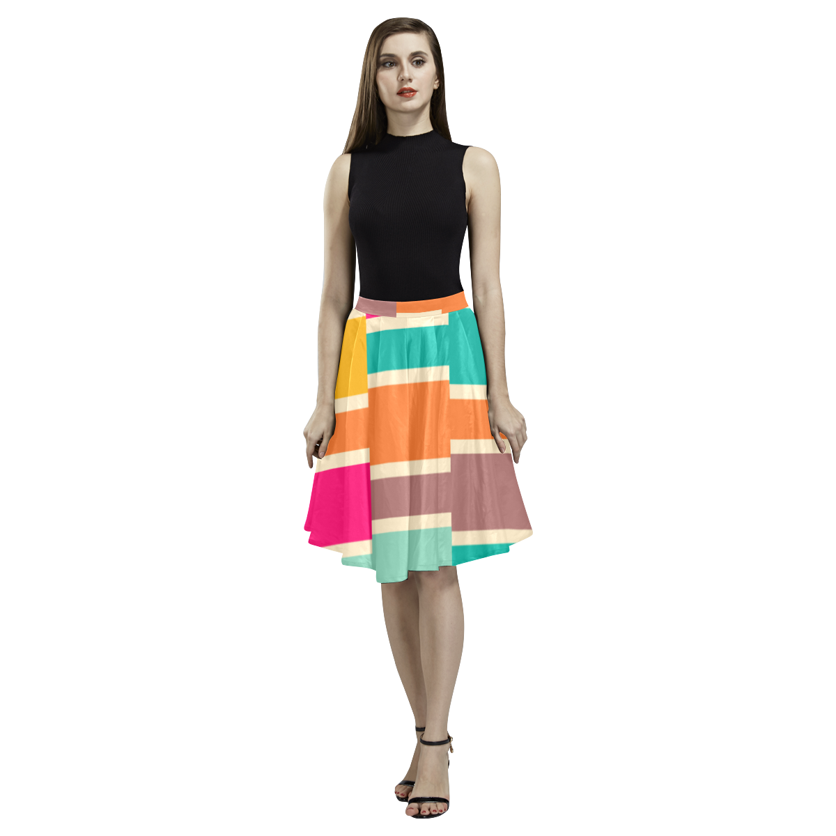Connected colorful rectangles Melete Pleated Midi Skirt (Model D15)